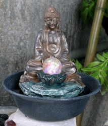 Fontana da tavolo con Buddha e Sfera di cristallo – in Poliresina – Luci a LED