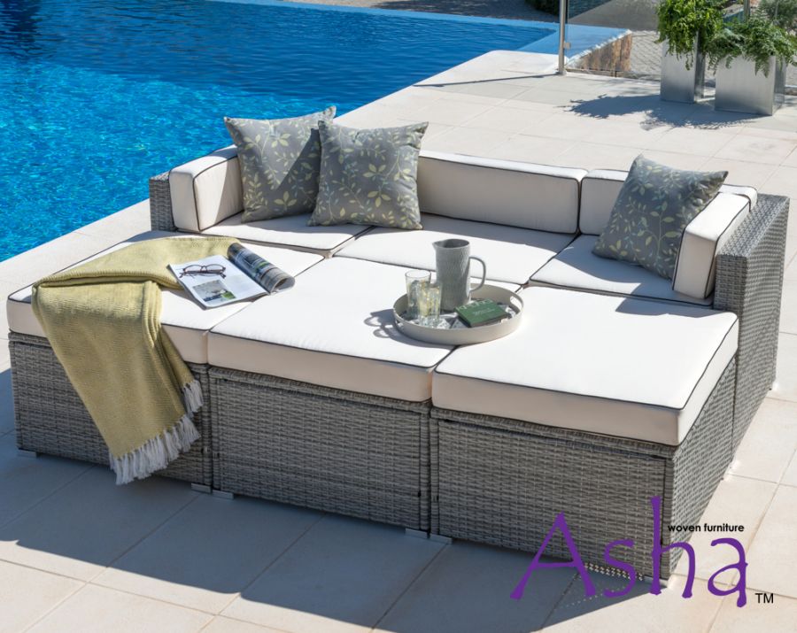 Set da giardino Sherborne con divano letto a 6 posti e sgabelli colore grigio misto - della Asha™