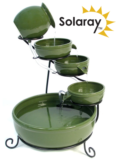 Fontana in ceramica verde ad energia solare con vasi a cascata 55 cm - Batteria di riserva e luci a LED - da Solaray